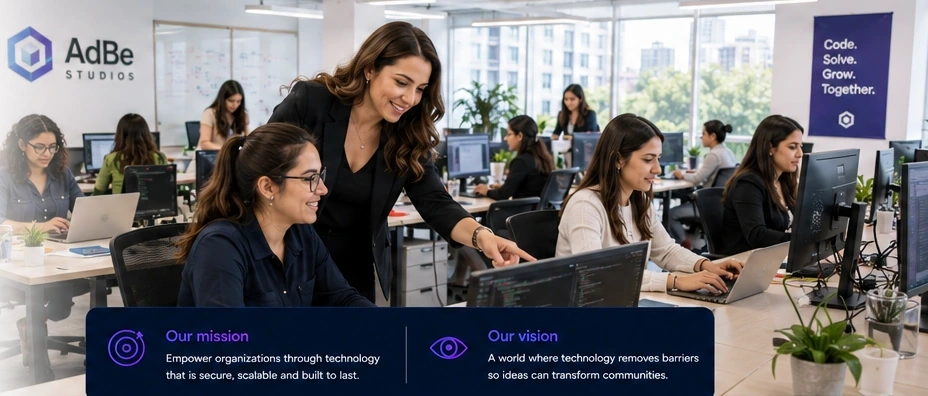 AdBe team collaborating in a bright technology office